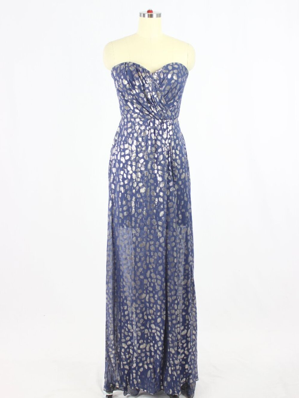 ERIN by ERIN FETHERSTON Navy Gold Silk Chiffon Strapless Wrap Maxi Gown, Size 2